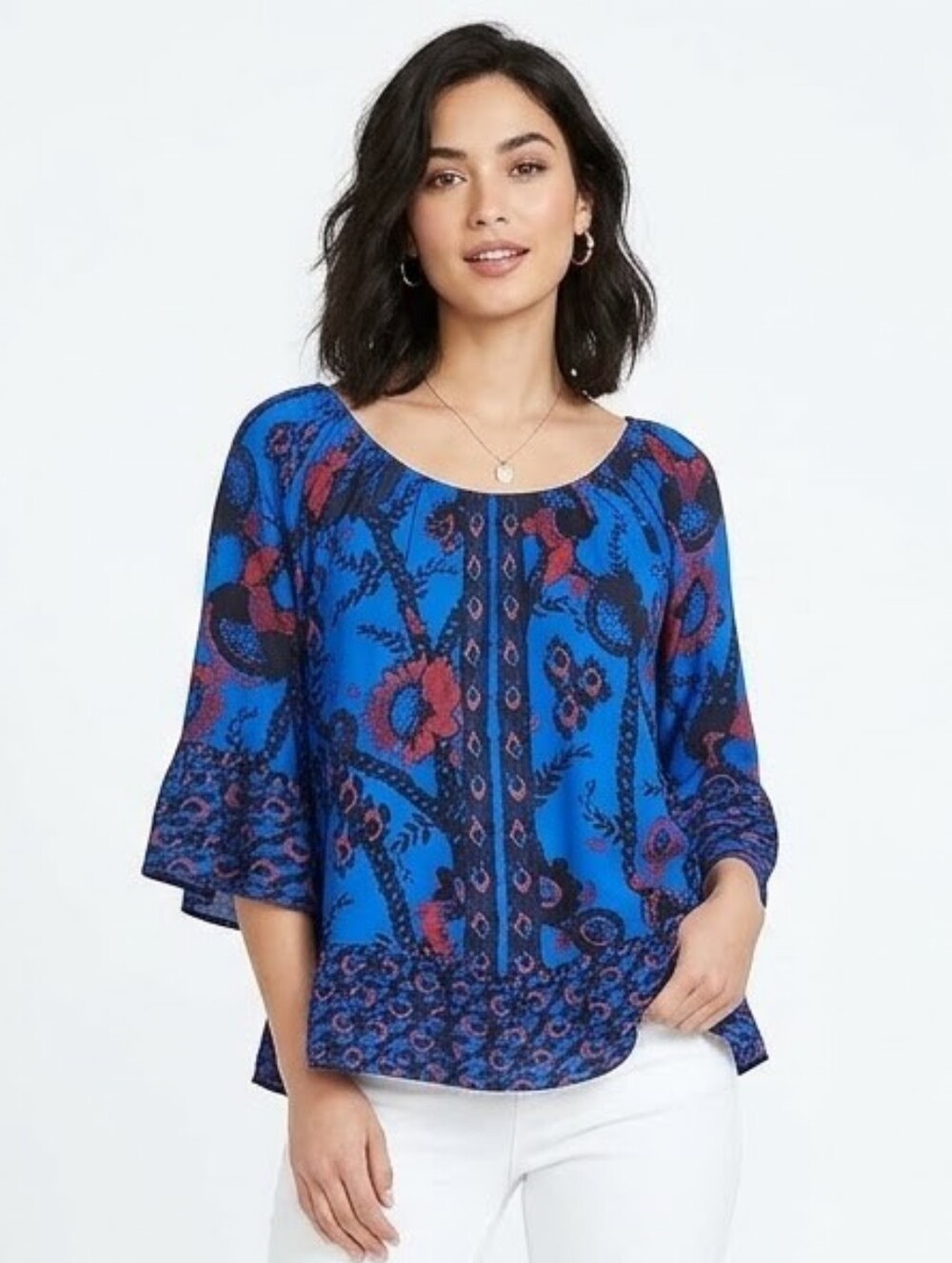 Style & Co. Floral Pattern Pullover Top Blue Red Medium